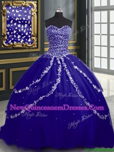 Nice Blue Quinceanera Dress Military Ball and Sweet 16 and Quinceanera and For withBeading and Appliques Sweetheart Sleeveless Brush Train Lace Up