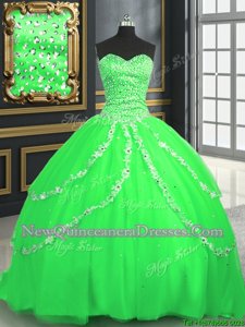 Custom Fit Sweetheart Sleeveless Brush Train Lace Up Quince Ball Gowns Spring Green Tulle