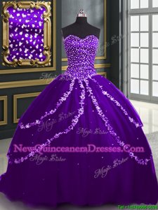 Beading and Appliques Quinceanera Gown Purple Lace Up Sleeveless With Brush Train