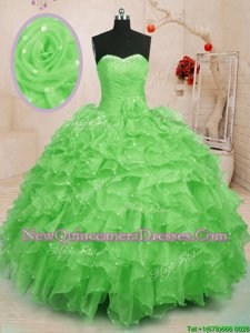 Elegant Sleeveless Floor Length Beading and Ruffles and Hand Made Flower Lace Up 15 Quinceanera Dress with Spring Green