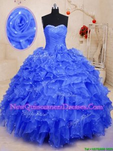 Sophisticated Sweetheart Sleeveless 15 Quinceanera Dress Floor Length Beading and Ruffles and Hand Made Flower Blue Organza