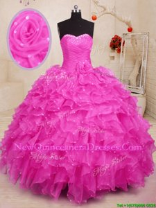 Ideal Floor Length Lace Up Quinceanera Gown Hot Pink and In for Military Ball and Sweet 16 and Quinceanera withBeading and Ruffles and Hand Made Flower