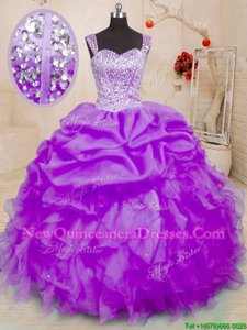 Glittering Purple Organza Lace Up Straps Sleeveless Floor Length Quinceanera Dresses Beading and Ruffles and Pick Ups