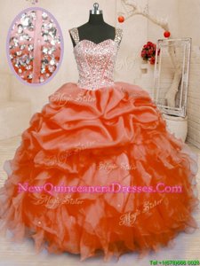 Artistic Orange Lace Up Straps Beading and Ruffles and Pick Ups Vestidos de Quinceanera Organza Sleeveless