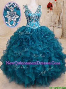 New Arrival Sleeveless Organza Floor Length Backless Ball Gown Prom Dress inTeal withBeading and Embroidery and Ruffles