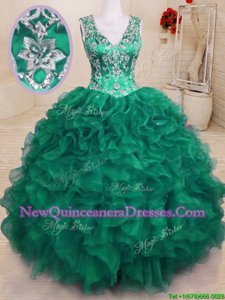 Floor Length Dark Green Quinceanera Dresses V-neck Sleeveless Zipper