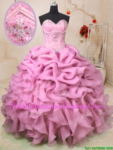 High Class Baby Pink Sweet 16 Quinceanera Dress Military Ball and Sweet 16 and Quinceanera and For withBeading and Ruffles and Pick Ups Sweetheart Sleeveless Lace Up