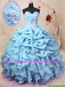 Chic Baby Blue Ball Gowns Organza Sweetheart Sleeveless Beading and Ruffles and Pick Ups Floor Length Lace Up Sweet 16 Dresses