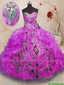 Perfect Sweetheart Sleeveless Sweet 16 Dresses Floor Length Beading and Appliques and Ruffles Purple Organza