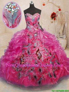 Traditional Floor Length Lace Up Quinceanera Dresses Hot Pink and In for Military Ball and Sweet 16 and Quinceanera withBeading and Appliques and Ruffles