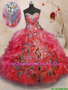 Floor Length Zipper Quinceanera Dresses Red and In for Military Ball and Sweet 16 and Quinceanera withBeading and Appliques and Ruffles