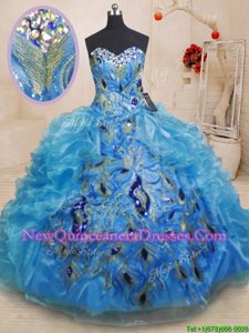 Lovely Baby Blue Sweetheart Neckline Beading and Appliques and Ruffles Quinceanera Dresses Sleeveless Zipper