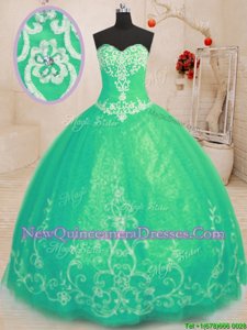 Sexy Sleeveless Tulle Floor Length Lace Up Sweet 16 Dress inTurquoise withBeading and Embroidery