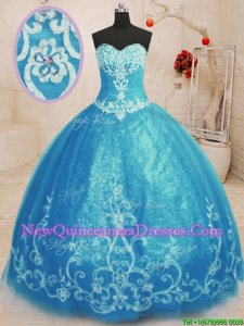 Elegant Sleeveless Tulle Floor Length Lace Up Quinceanera Gown inBaby Blue withBeading and Embroidery