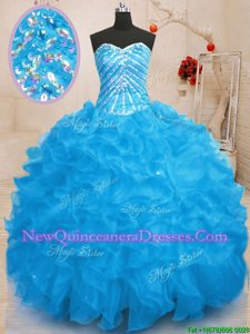 Smart Sequins Baby Blue Sleeveless Organza Lace Up 15 Quinceanera Dress for Military Ball and Sweet 16 and Quinceanera