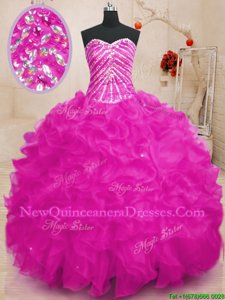 Flare Sleeveless Organza Floor Length Lace Up Quinceanera Gown inFuchsia withBeading and Ruffles and Sequins