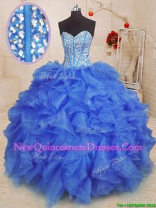 High End Royal Blue Lace Up Sweetheart Beading and Ruffles Ball Gown Prom Dress Organza Sleeveless