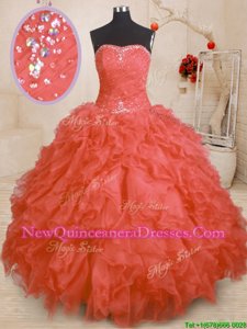 Classical Beading and Ruffles and Ruching Quinceanera Dresses Orange Red Lace Up Sleeveless Floor Length