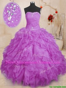 Low Price Purple Ball Gowns Organza Strapless Sleeveless Beading and Ruffles and Ruching Floor Length Lace Up Quinceanera Gowns