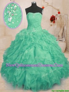 Perfect Turquoise Organza Lace Up Sweet 16 Quinceanera Dress Sleeveless Floor Length Beading and Ruffles and Ruching