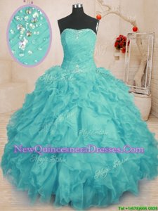 Luxurious Aqua Blue Quinceanera Gowns Military Ball and Sweet 16 and Quinceanera and For withBeading and Ruffles Strapless Sleeveless Lace Up