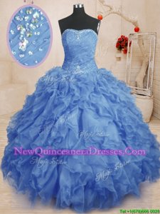 Decent Blue Sleeveless Beading and Ruffles and Ruching Floor Length Sweet 16 Dresses