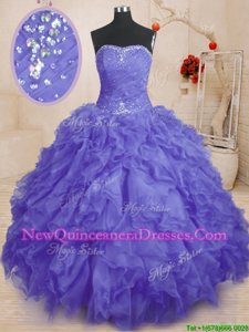 Purple Ball Gowns Beading and Ruffles and Ruching 15 Quinceanera Dress Lace Up Organza Sleeveless Floor Length