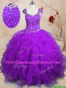 Cute Floor Length Purple 15 Quinceanera Dress Square Cap Sleeves Lace Up