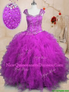 Clearance Purple Lace Up Square Beading and Ruffles Quinceanera Gowns Tulle Cap Sleeves