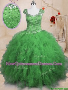 Traditional Beading and Ruffles Ball Gown Prom Dress Spring Green Lace Up Cap Sleeves Floor Length