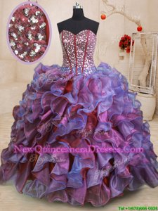 Delicate Floor Length Lace Up Sweet 16 Dresses Multi-color and In for Military Ball and Sweet 16 and Quinceanera withBeading and Ruffles