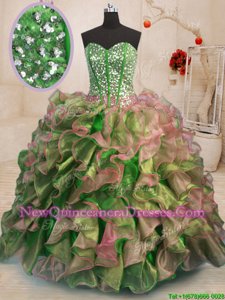 Luxury Multi-color Organza Lace Up Quinceanera Gown Sleeveless Floor Length Beading and Ruffles