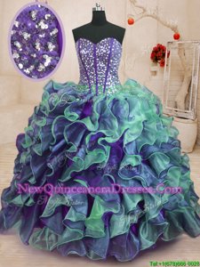 Fancy Multi-color Ball Gowns Beading and Ruffles Quinceanera Dresses Lace Up Organza Sleeveless Floor Length