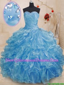 High End Blue Ball Gowns Beading and Ruffles Sweet 16 Quinceanera Dress Lace Up Organza Sleeveless Floor Length