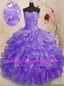 Popular Sweetheart Sleeveless Ball Gown Prom Dress Floor Length Beading and Ruffles Lavender Organza