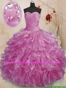 Classical Floor Length Lilac Vestidos de Quinceanera Organza Sleeveless Spring and Summer and Fall and Winter Beading and Ruffles