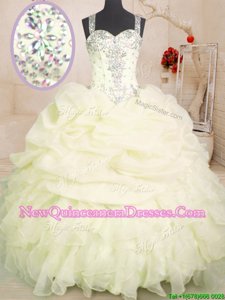 Nice Beading and Ruffles and Pick Ups Quinceanera Gowns Light Yellow Zipper Sleeveless Floor Length