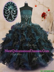 Sumptuous Blue And Black Lace Up Strapless Beading and Ruffles Quinceanera Gowns Organza Sleeveless