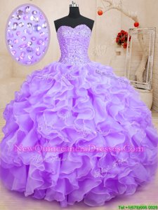 Spectacular Lilac Sleeveless Beading and Ruffles Floor Length Quince Ball Gowns