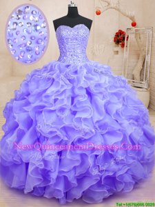 High Quality Beading and Ruffles Quince Ball Gowns Lavender Lace Up Sleeveless Floor Length