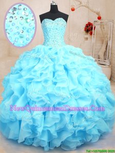 Noble Floor Length Lace Up 15th Birthday Dress Baby Blue and In for Military Ball and Sweet 16 and Quinceanera withBeading and Ruffles