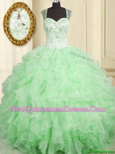 Beauteous Floor Length Spring Green Sweet 16 Quinceanera Dress Organza Sleeveless Spring and Summer and Fall and Winter Beading and Ruffles