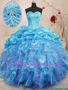 Graceful Aqua Blue Organza Lace Up Vestidos de Quinceanera Sleeveless Floor Length Beading and Ruffles