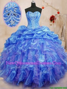 Fitting Blue Organza Lace Up 15 Quinceanera Dress Sleeveless Floor Length Beading and Ruffles