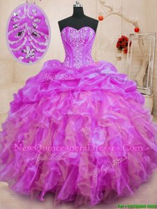 Inexpensive Fuchsia Sweetheart Neckline Beading and Ruffles Quinceanera Dress Sleeveless Lace Up