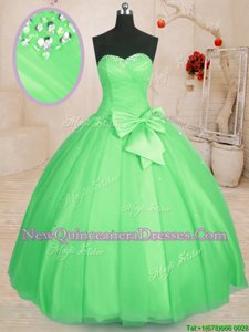 Superior Floor Length Spring Green Sweet 16 Dresses Tulle Sleeveless Spring and Summer and Fall and Winter Beading and Bowknot