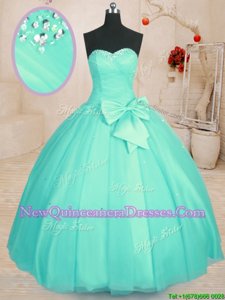 Fine Aqua Blue Quinceanera Dress Military Ball and Sweet 16 and Quinceanera and For withBeading and Bowknot Sweetheart Sleeveless Lace Up