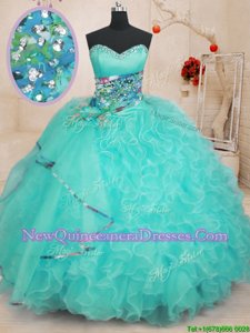 Amazing Sleeveless Organza Floor Length Lace Up 15 Quinceanera Dress inAqua Blue withBeading and Ruffles