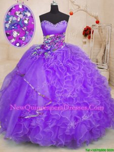 Fabulous Sleeveless Floor Length Beading and Ruffles Lace Up Vestidos de Quinceanera with Lavender