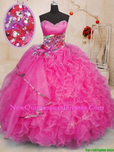 Ball Gowns Sweet 16 Dresses Hot Pink Sweetheart Organza Sleeveless Floor Length Lace Up